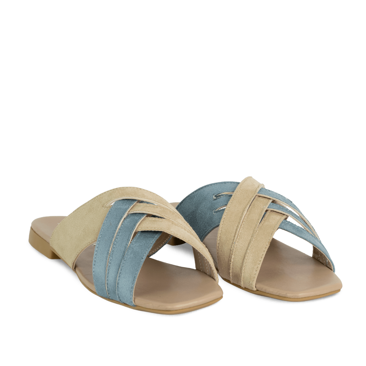 Sandales plates en cuir pour femme – Bleu pastel et beige – Lenore - Lea & Paul Maroc