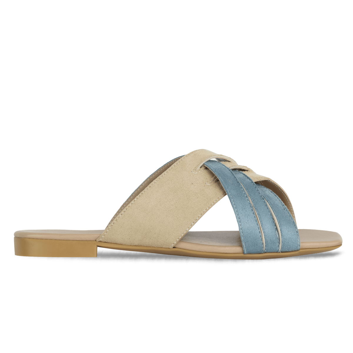 Sandales plates en cuir pour femme – Bleu pastel et beige – Lenore - Lea & Paul Maroc
