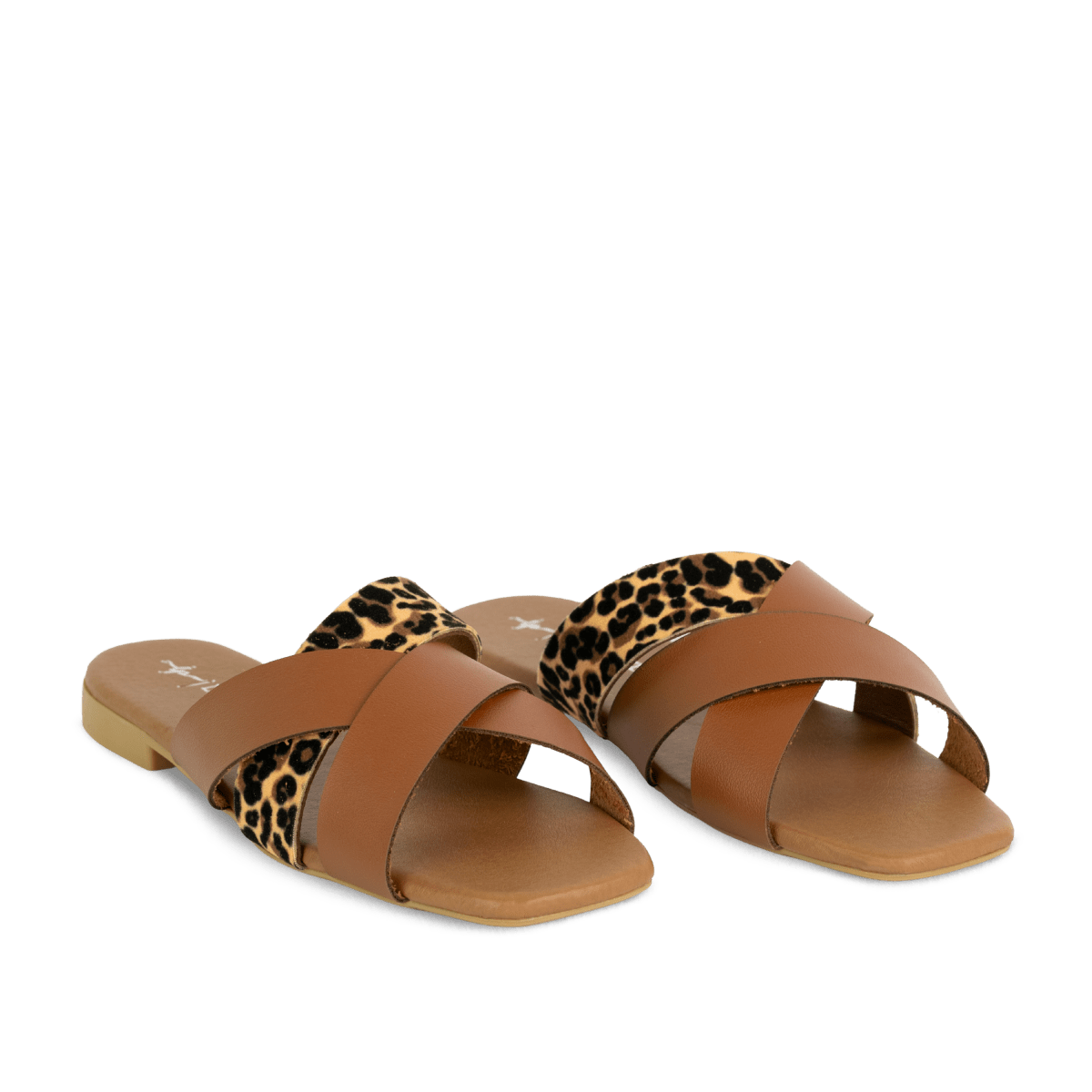 Sandales plates en cuir pour femme – Marron et léopard – Solena - Lea & Paul Maroc