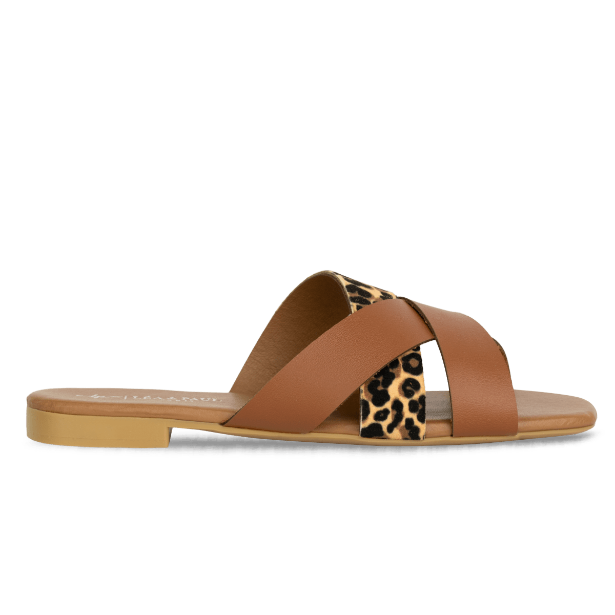Sandales plates en cuir pour femme – Marron et léopard – Solena - Lea & Paul Maroc
