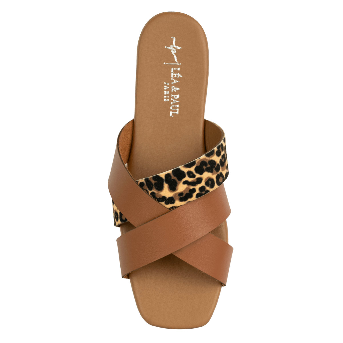 Sandales plates en cuir pour femme – Marron et léopard – Solena - Lea & Paul Maroc