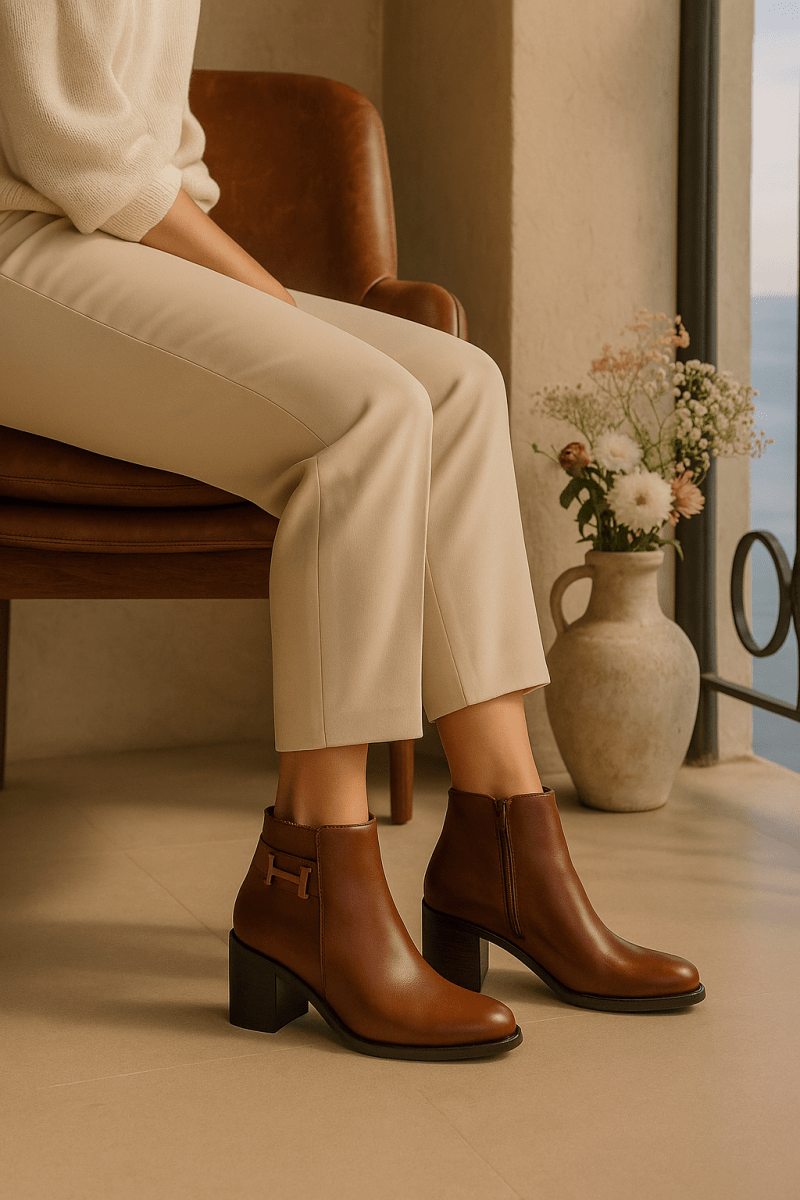 Bottines fourrées en cuir pour femmes - Marron - Hermine - Lea & Paul Maroc