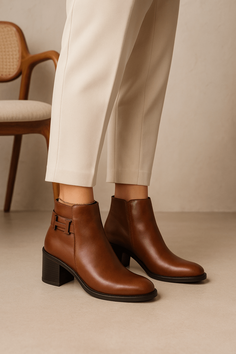 Bottines fourrées en cuir pour femmes - Marron - Hermine - Lea & Paul Maroc