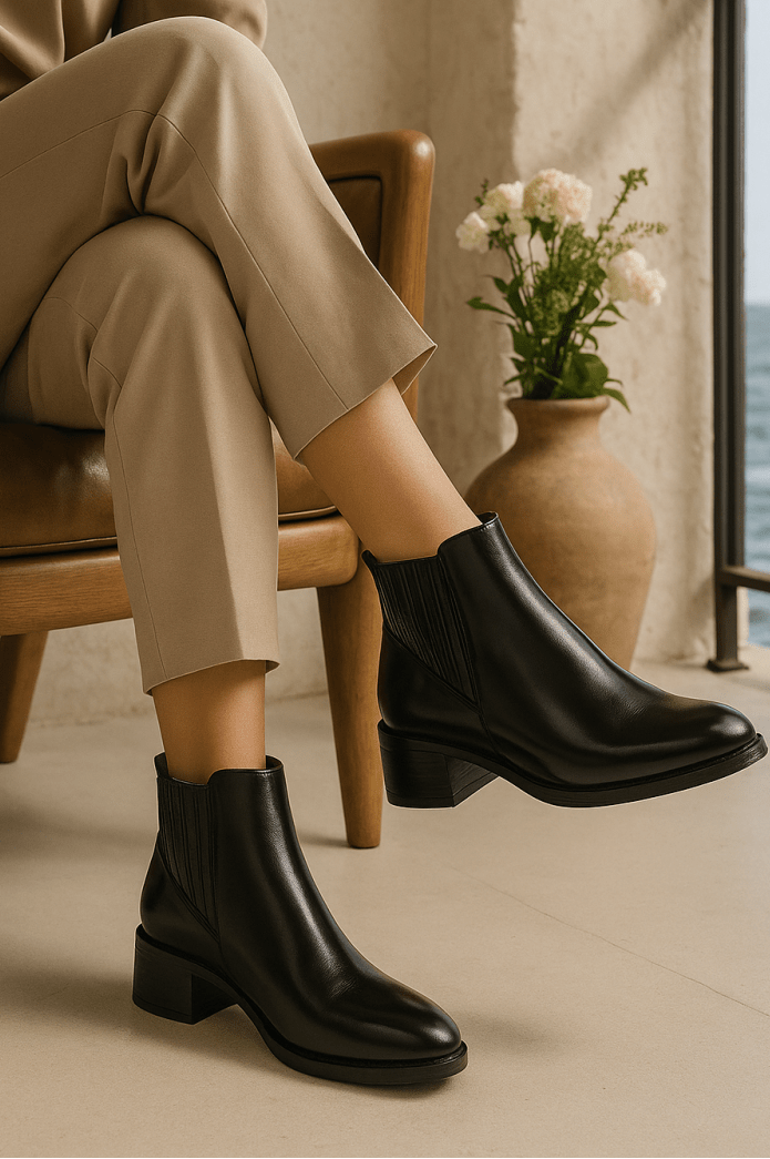 Bottines fourrées en cuir pour femmes - Noir - Carmelle - Lea & Paul Maroc