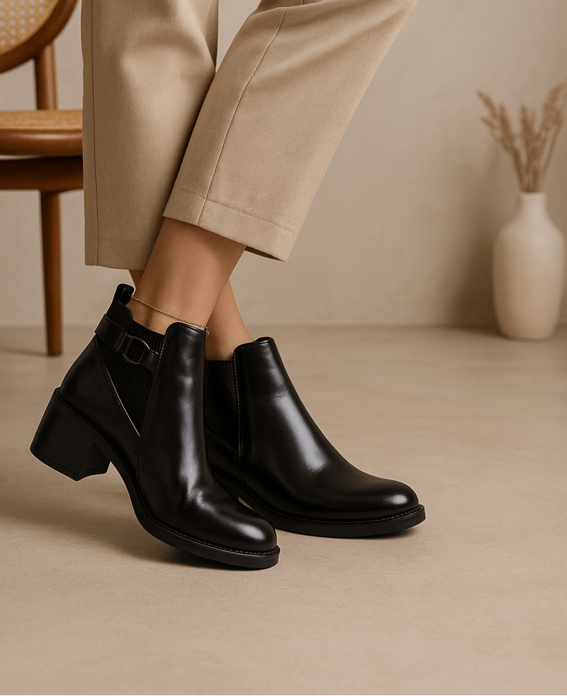 Bottines fourrées en cuir pour femmes - Noir - Denise - Lea & Paul Maroc