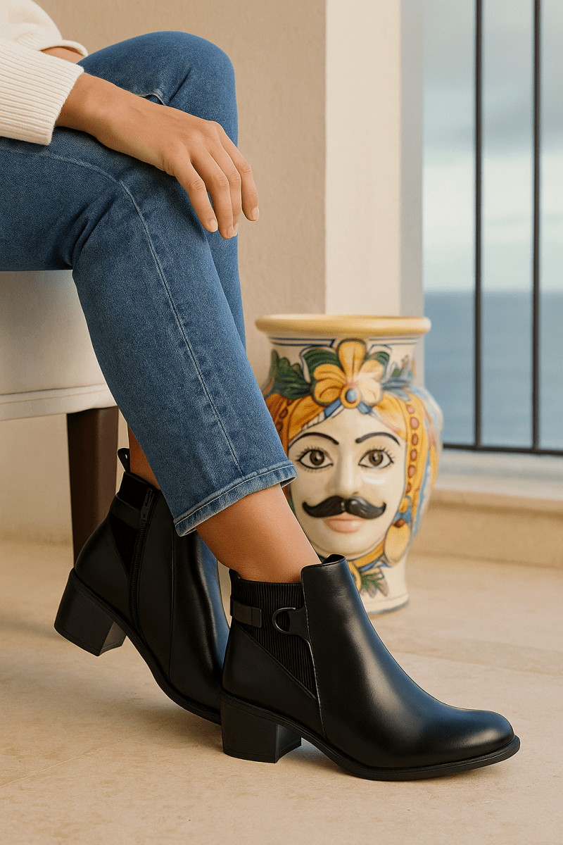 Bottines fourrées en cuir pour femmes - Noir - Denise - Lea & Paul Maroc