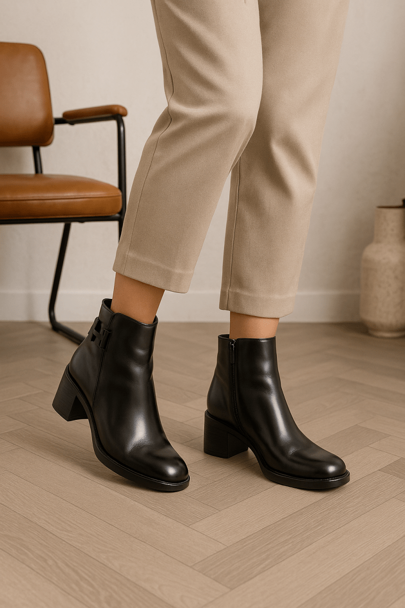 Bottines fourrées en cuir pour femmes - Noir - Hermine - Lea & Paul Maroc