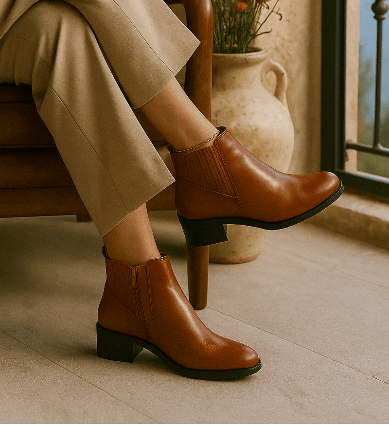Bottines fourrées en cuir pour femmes - Tabac - Carmelle - Lea & Paul Maroc