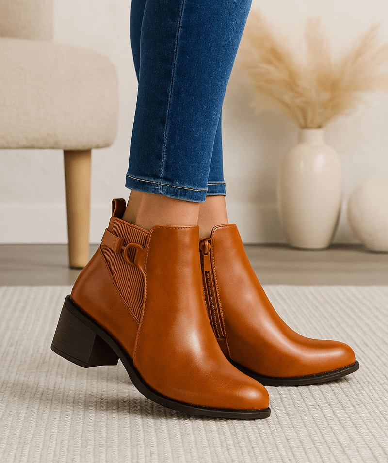 Bottines fourrées en cuir pour femmes - Tabac - Denise - Lea & Paul Maroc