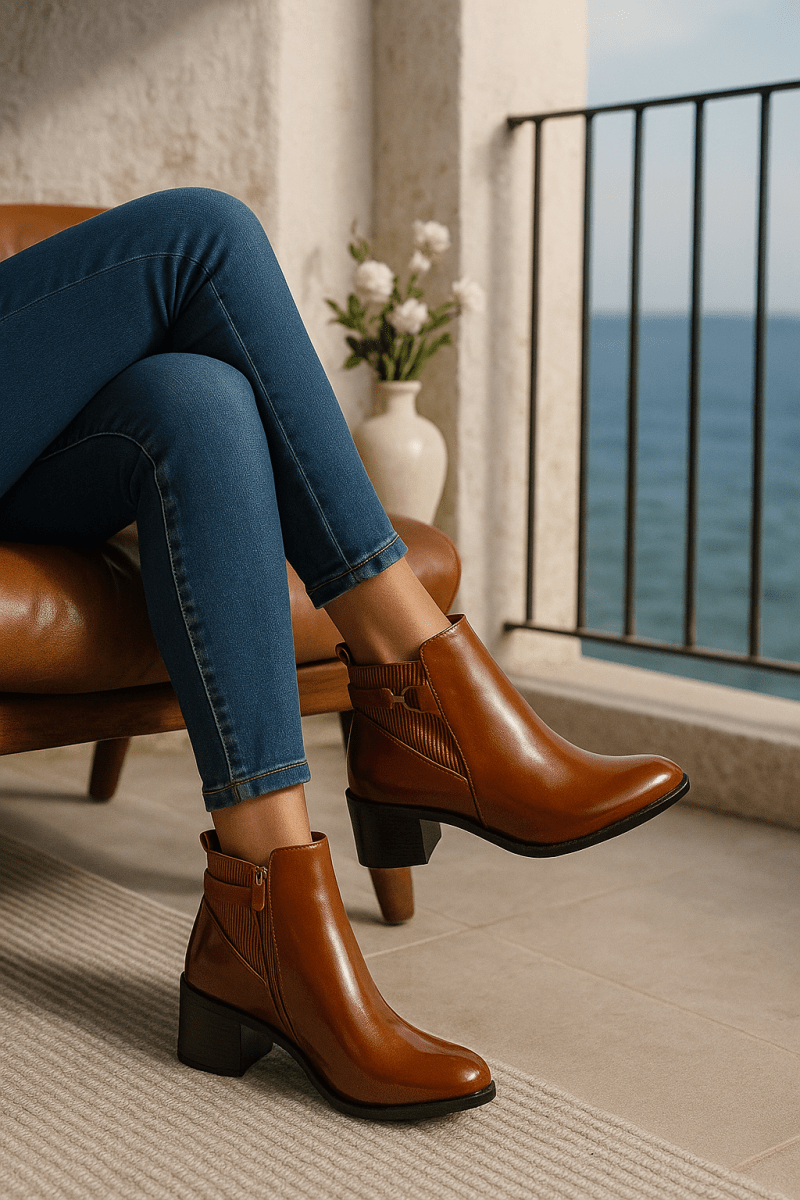Bottines fourrées en cuir pour femmes - Tabac - Denise - Lea & Paul Maroc