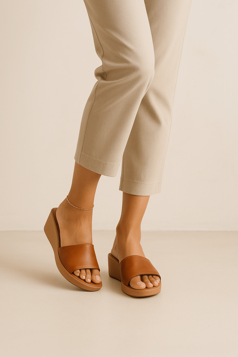 Sandales compensées en cuir pour femme – Tabac – Felicia - Lea & Paul Maroc