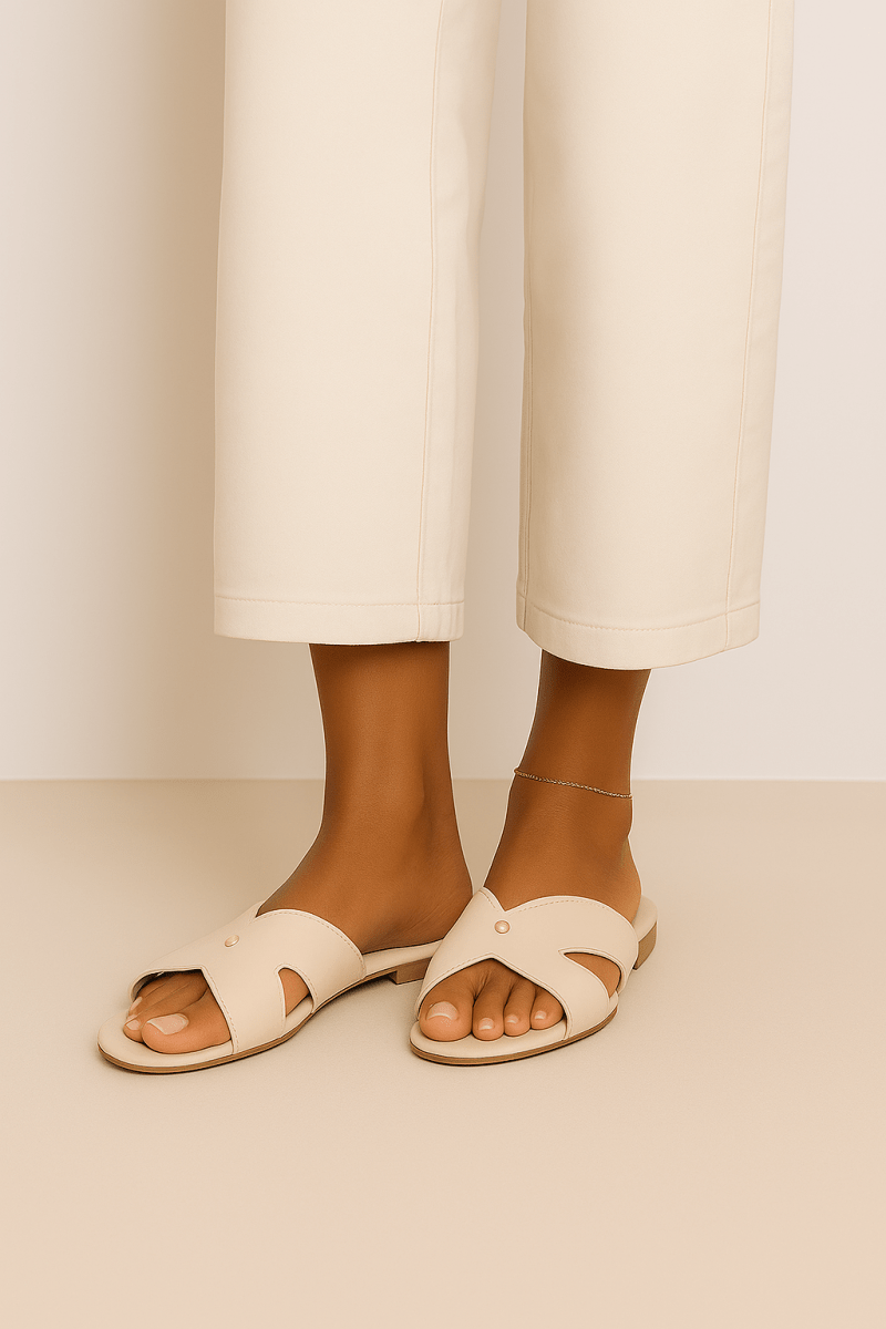 Sandales plates en cuir pour femme – Beige – Vera - Lea & Paul Maroc